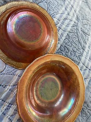 Buy 2 Pc Depression Carnival Glass Iridescent Marigold Normandie Small Bowls • 10.25£