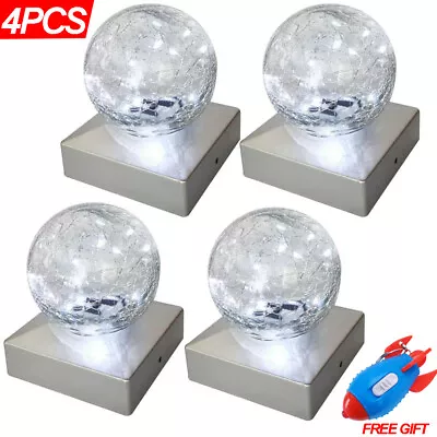 Buy 4 Solar Deck Cap Post Lights Outdoor Garden Crackle Glass Ball Lights Cool White • 25.99£