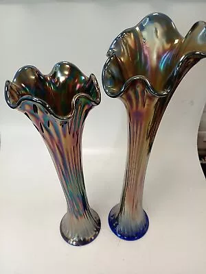 Buy Rare Vintage Cobalt Blue Carnival Glass Tall Vases X2 Decorative Collectors  • 9.99£