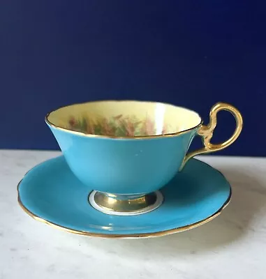 Buy Aynsley Cup & Saucer Turquoise Blue Orchard Fruit England Teacup Bone China • 45.75£