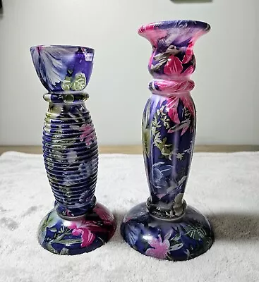 Buy Vintage Encore Two Glass Painted Candlestick Holders Purple Pink Floral • 18.64£