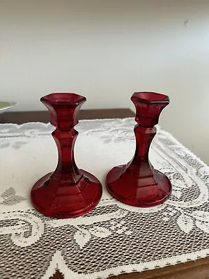 Buy Vintage Glass Ruby Red Glass Taper Pair Of 4.5  Candlesticks Holders • 16.77£