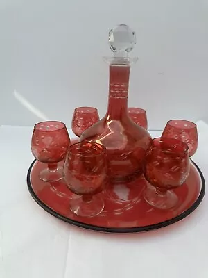 Buy Cranberry Glass Crystal Decanter Glasses Tray Set Cut Vintage Red Pink Spirits • 100£