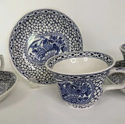 Buy Set Of 3  WILLIAM ADAMS POTTERY BLUE & WHITE CHINESE BIRD PATTERN CUP AND SAUCER • 46.67£