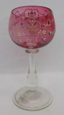 Buy Cranberry Enamelled Glass Vintage Victorian Antique Wine Glass Goblet • 55£