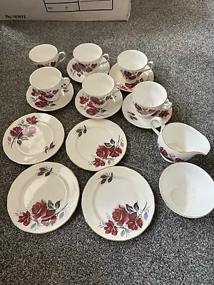 Buy Queen Anne Bone China Tea Cups Saucers & Side Plates Sugar And Milk Red Rose • 15£