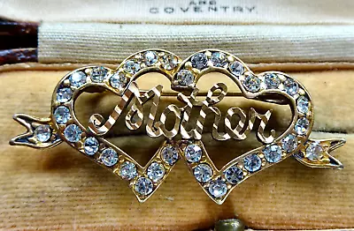 Buy Vintage Clear Rhinestone Mother Double Love Heart Gold Tone Name Brooch -H50 • 14£