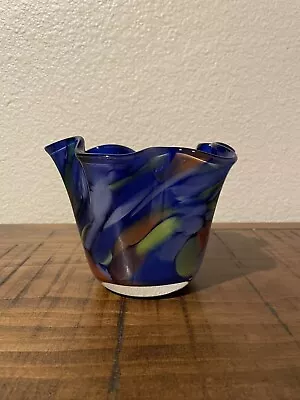 Buy Vintage Murano Hand Blown Cobalt Blue Cased Glass Handkerchief Vase, Italy • 16.77£
