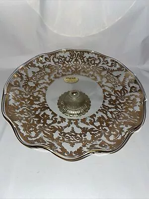 Buy Vintage Fluted Edge Chance Glass Cake Stand On Metal Pedestal Gold Floral Style • 10.49£