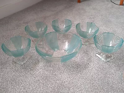 Buy 5 Vintage Glass Dessert Bowls And One Serving Dish, Turquoise & Clear  • 5£