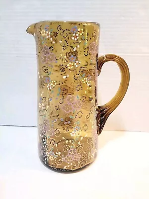 Buy Antique Bohemian Harrach Amber Glass Enamel Painted Pitcher Jug 9.5  Victorian  • 91.45£