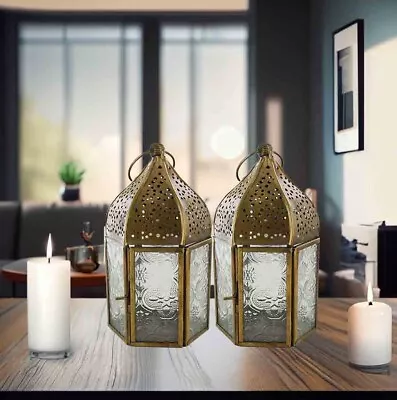 Buy Pair Of Moroccan Style Lantern Hanging Antique Clear Tea Light Candle Holder • 24.95£