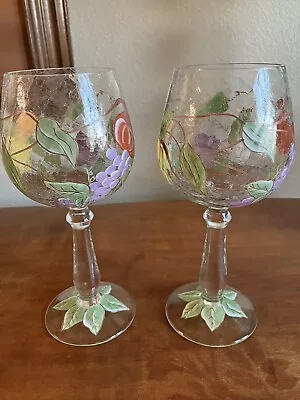 Buy Hand Blown Crackle Glass Long Stem Wine Glasses Hand Painted Unique • 11.65£