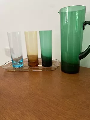 Buy Vintage Studio Glass Ware, Jug Glasses And Tray, Iridescent Colours Mid Century • 38£