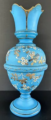 Buy Antique Victorian Bristol Art Glass Vase 12  Blue Opaline Enameled Flowers • 125.81£