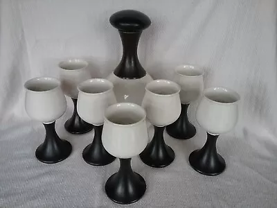 Buy Set Of 7 Vintage Black & White Wine Goblets & Carafe Iden Pottery Rye Sussex • 70£