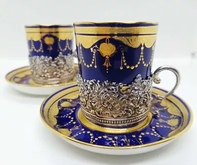 Buy MINTON Gold Plated Lapis Lazuli Cup & Saucer Pair Sterling Silver Handle Antique • 292£