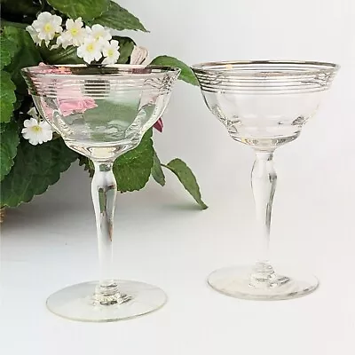 Buy 1930s Crystal Silver Platinum Rim Band Champagne Glasses MCM Elegant Stemware • 40.06£