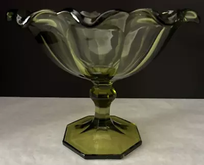 Buy Vintage 1960's Green Glass Pedestal Bowl With Scalloped Edges • 27.96£