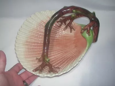 Buy Old, Large  Antique, Sarreguemines Majolica Shell Plate, Coral Branch Handle • 88.69£