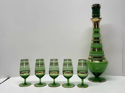 Buy Vintage Bohemian Emerald Green Glass Decanter Cordial Set Hand Painted Gold Trim • 27.91£