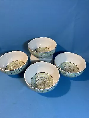 Buy 222 Fifth Lyria Teal Cereal Bowl Set Of 4 Scalloped Rim Blue Green Paisley White • 37.28£