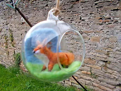 Buy Needle Felted Wool Animal - A Fox - Ornament In A 10cm Glass Hanging Globe OOAK • 15£