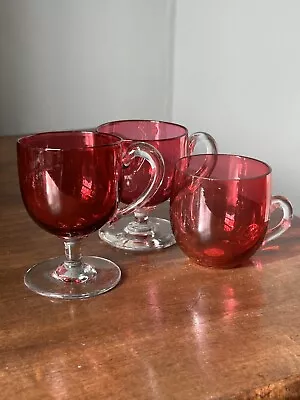 Buy 3 X ANTIQUE Victorian C19th Cranberry Glass Custard Cups Glasses • 15£