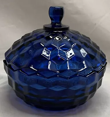 Buy Vintage Cobalt Blue Glass Candy Dish & Lid Cubist Style Indiana Glass 4 7/8”tall • 18.57£