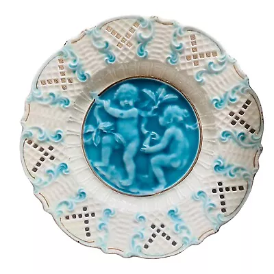 Buy Antique Majolica Plate Cherubs Putti Portrait Blue White Lace Style Rim ST 773 • 24.99£