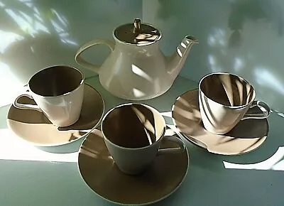 Buy 3 Poole Contour Twintone - Sepia & Mushroom Tea Cups Saucers And Teapot • 30£