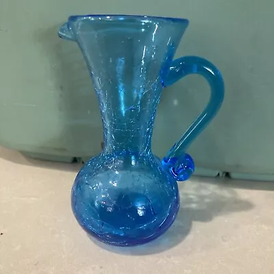 Buy Blenko Blue Crackle Glass Pitcher Vase W/Handle Hand Blown 5.25  Tall Vintage • 13.98£