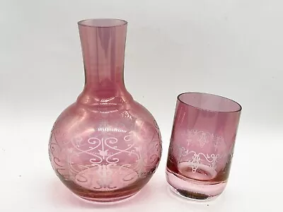 Buy Vintage Pink Water Glass & Decanter Cranberry Glass • 29.99£