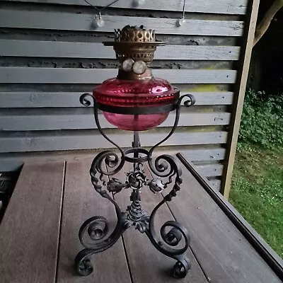 Buy Original Victorian Wrought Iron Oil Lamp Cranberry Cut Glass Drop In Font Burner • 295£