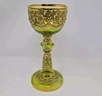 Buy Antique Miser Enameled Jeweled Bohemian Green Glass Goblet Late 1800s, 8 1/4  • 306.76£