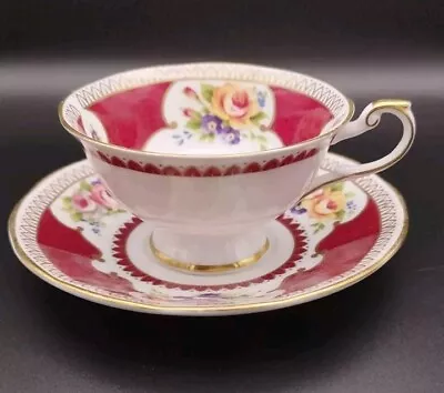 Buy Queen's Fine Bone China Langham A Crownford Product Teacup And Saucer Floral Red • 14.99£