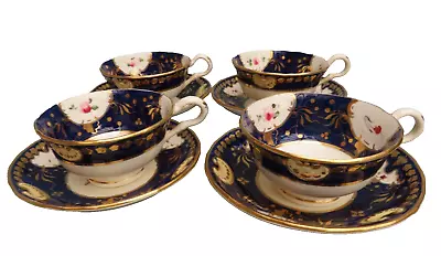 Buy Antique Tea Set For 4 Duos Cup Saucers Colbalt Blue Gold Dainty Floral China • 49.99£