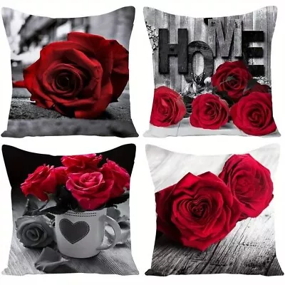 Buy 4pcs Set/Pack Red Rose Flowers Grey Throw Pillow Cushion Case Cover Home Decor • 13.99£