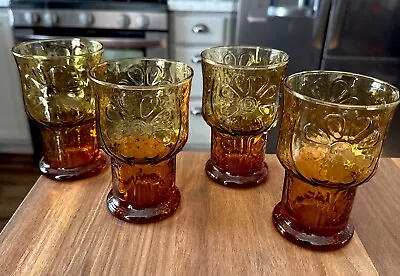 Buy 4 Vintage Libbey Country Garden Amber Glasses Tumblers 5  Daisy Floral NOS Set • 37.27£