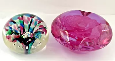 Buy 2 Glass Paperweights - Pink Rose In Heart Shape And Purple Flower • 12£