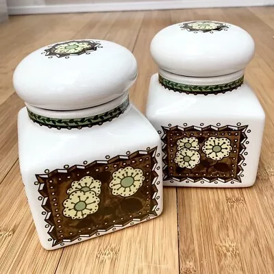 Buy X2 Taunton Vale MCM Vintage Retro Brown Green Flower Kitchen Storage Jars 6x4.5” • 12.99£