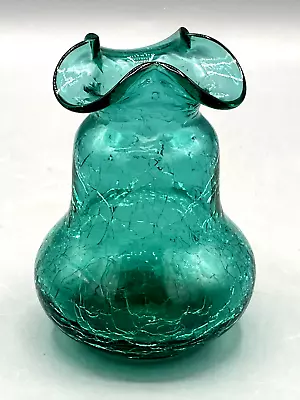 Buy Vintage Teal Crackle Glass Vase Hand Blown Ruffled Edge 4  Tall • 13.93£