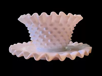 Buy VTG Fenton Milk Glass Hobnail Crimped Edge Mayonnaise Bowl W/Underplate Pristine • 23.29£