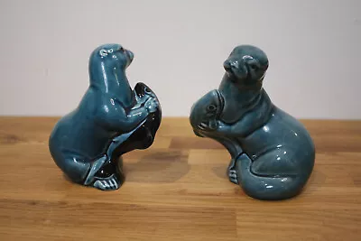 Buy Poole Pottery Pair Otter With Fish Blue Teal  12cm Excellent Condition • 16.99£