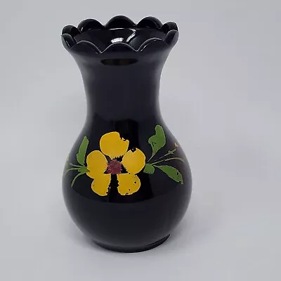 Buy Amethyst Glass Vase Depression Glass Scalloped Rim Painted Flower VTG • 5.82£