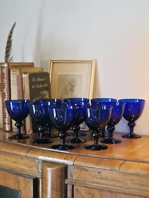 Buy Set Of 10 Antique Victorian Bristol Blue Cobalt Glass Knop Stem Rummer Glasses • 299.99£