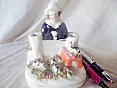 Buy Antique Staffordshire Pottery Pen Holder A Girl With Rabbits • 75£