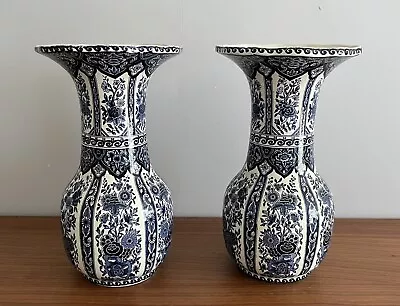 Buy Pair Of Vintage Boch For Royal Sphinx Delft Vases  Blue & White 31cm Tall 1970s • 149.99£