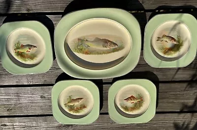 Buy 1930's Wood's Ivory Ware Fish Platter W 4 Square Fish Plates, Used. Some Crazing • 19£