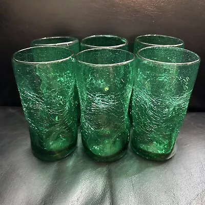 Buy 6 Pilgrim Handblown Glass Drinkware Tumblers Dark Green Crackle Dimpled 5.75” • 42£